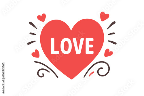 Romantic red heart love vector illustration with decorative swirls and hearts, Valentine’s Day symbol, holiday card design, affectionate typography, celebration of romance, cute relationship icon