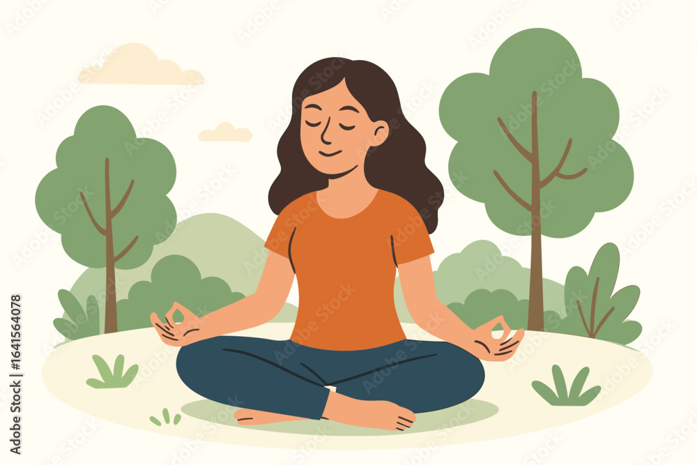custom made wallpaper toronto digitalMindful woman meditating outdoors, female in lotus yoga pose, relaxation and mindfulness in green park nature, peaceful lifestyle, calm living, wellness, mental health, stress relief, flat vector
