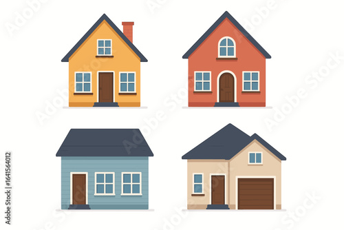 Set of Four Colorful Vector House Illustrations in Flat Design, Front View Modern 2D Cartoon Style Homes with White Background, Architecture Icons, Residential Buildings, Real Estate Concept