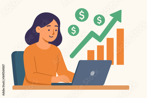 Businesswoman analyzing increasing profits financial success chart upward arrow economic growth income earnings laptop desk office workspace flat design modern vector illustration