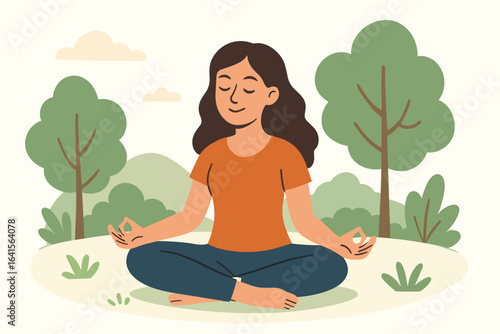 Wallpaper Mural Mindful woman meditating outdoors, female in lotus yoga pose, relaxation and mindfulness in green park nature, peaceful lifestyle, calm living, wellness, mental health, stress relief, flat vector Torontodigital.ca