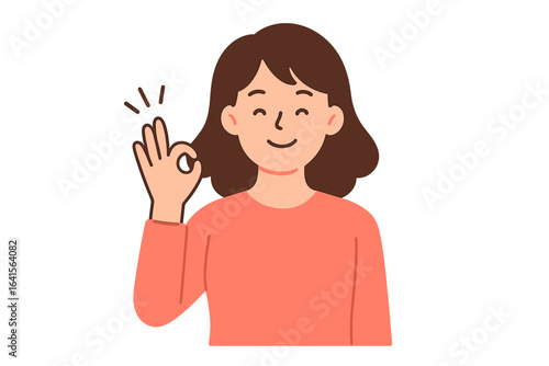 Woman showing OK hand gesture, happy smiling female character, approval and agreement sign, positive emotions, friendly cartoon style, confident attitude, satisfaction and acceptance concept