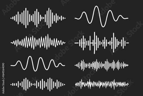 Audio waveform vector set, sound wave elements, music equalizer shapes, abstract white waveforms, song track amplitude graphics, black background, voice and radio signal spectrum lines