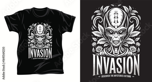 Alien graphic vector T shirt design print.