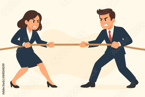 Competitive business rivalry between woman and man tug of war, gender competition concept, two businesspeople pulling rope in tension, teamwork and conflict vector illustration