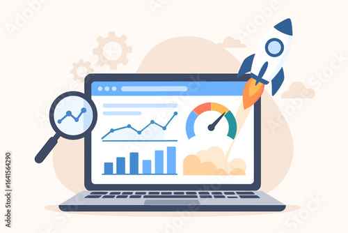 Website speed optimization, SEO performance analysis, digital marketing, analytics dashboard on laptop, magnifying glass, rocket launch, fast website development, business growth concept