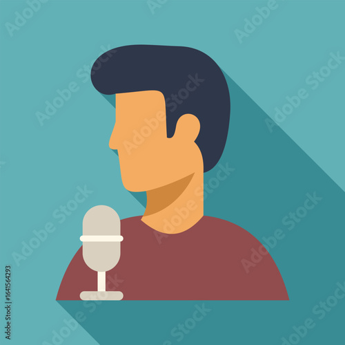 Profile of a young man speaking into a microphone, with a long shadow on a turquoise background