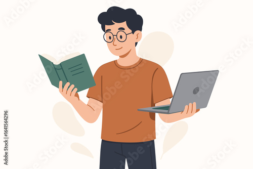 Student studying technology and literature, holding open book and laptop, online education, self-learning, distance learning, modern youth knowledge development, e-learning course illustration