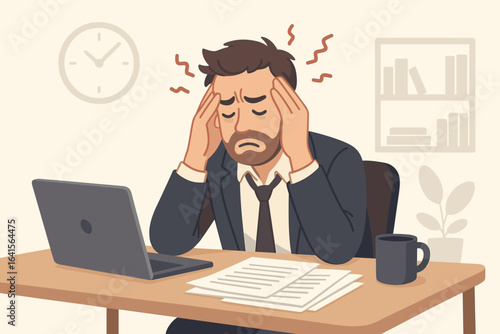 Work stress and exhaustion concept with businessman suffering headache and concentration problems in office, overwhelmed, overworked, depressed, mental fatigue, burnout vector illustration
