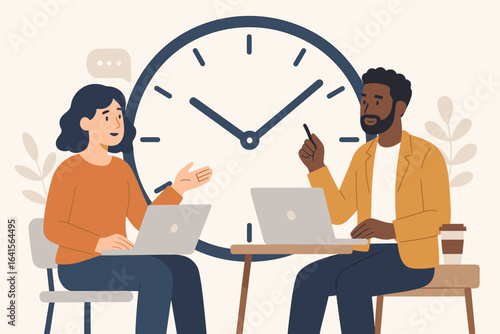Diverse coworkers collaborating and discussing work in front of large clock, teamwork and productivity concept, flat design vector illustration with white background, business communication