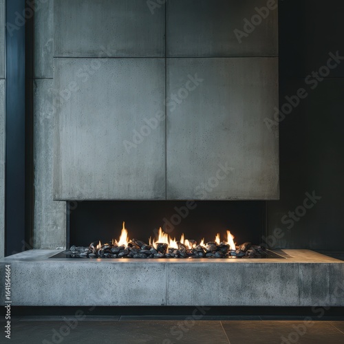 Modern concrete fireplace burning in a lobby
