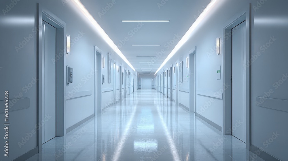 Fototapeta premium Modern Hospital Interior: Clean Hallway Perspective with Doors, Lights, and Shiny Floor, Emphasizing Serenity and Advanced Medical Environment