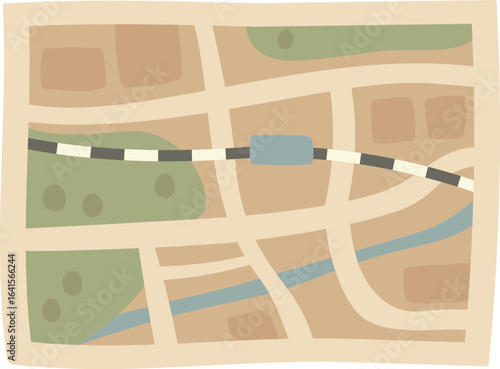 ヴィンテージ風の街並み地図イラスト・レトロな道路と鉄道のナビゲーションマップ