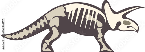 Side view of a triceratops skeleton, showcasing its bony structure and three horns, perfect for paleontology or educational projects