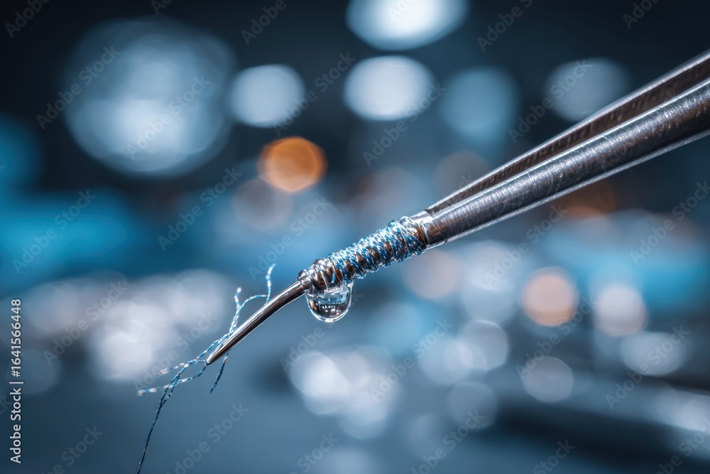 A macro shot capturing intricate surgical tool details with a suspended water droplet, showcasing precision and advanced medical technology, blurred bokeh background