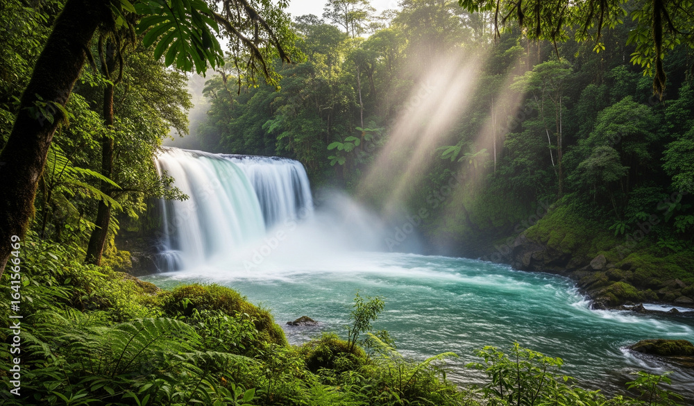 Fototapeta premium A stunning waterfall cascades into a turquoise pool in a lush, green rainforest. Sunlight beams through the dense canopy, creating a beautiful and magical scene of untouched nature.