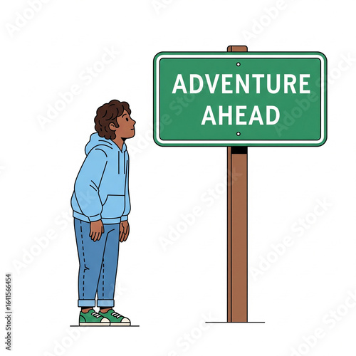 Flat vector illustration of a casually dressed person looking up at a green road sign that reads 