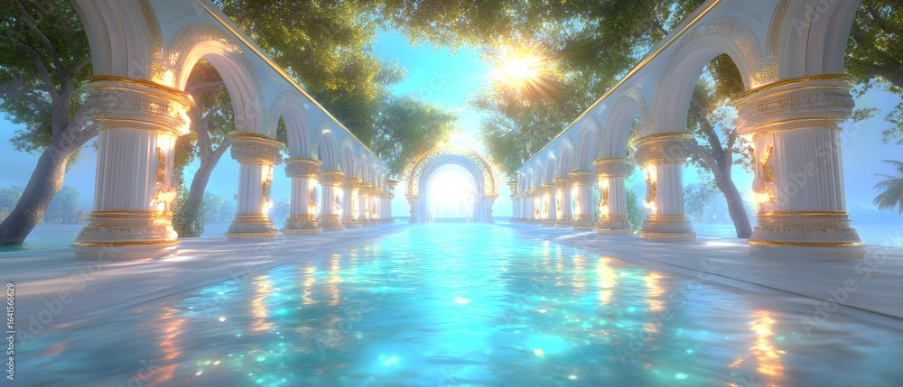 Fototapeta premium A long, narrow pool of water with a sun shining on it