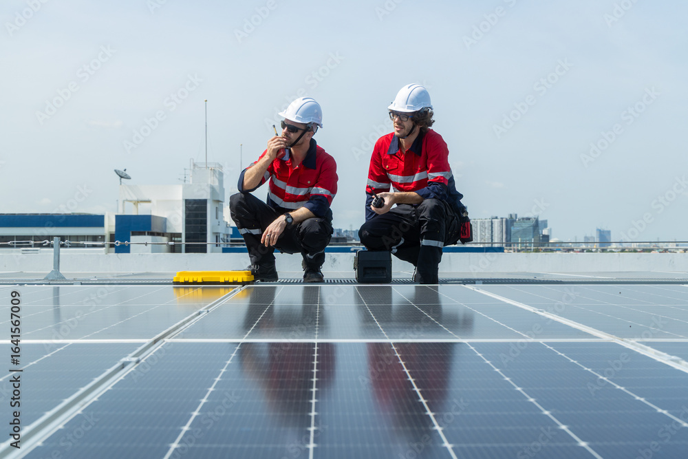 Obraz premium Engineers inspecting rooftop solar panel installation