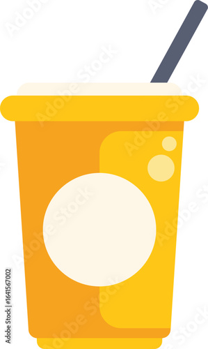 Yellow disposable paper cup with blank label containing a refreshing fizzy drink