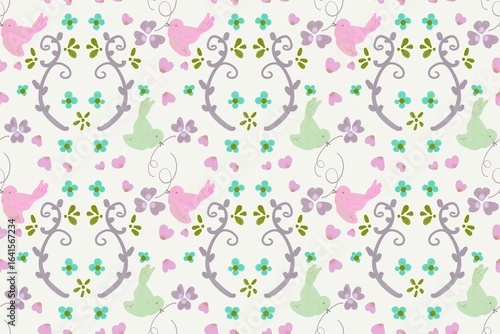 Seamless Pattern with Yellow Birds and Clover Flowers