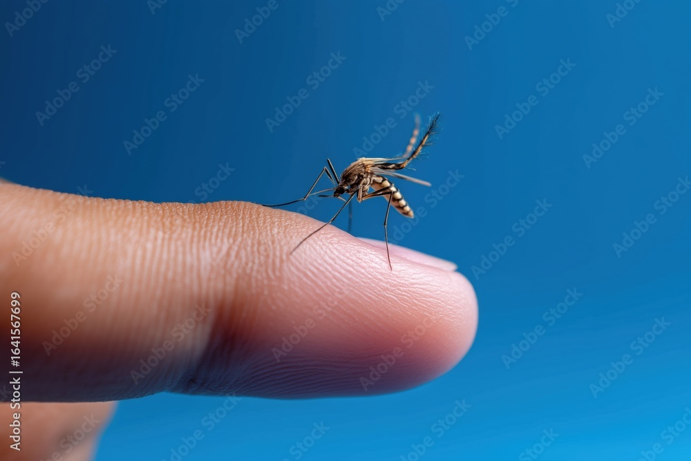 Fototapeta premium A mosquito on a finger against a blue background.