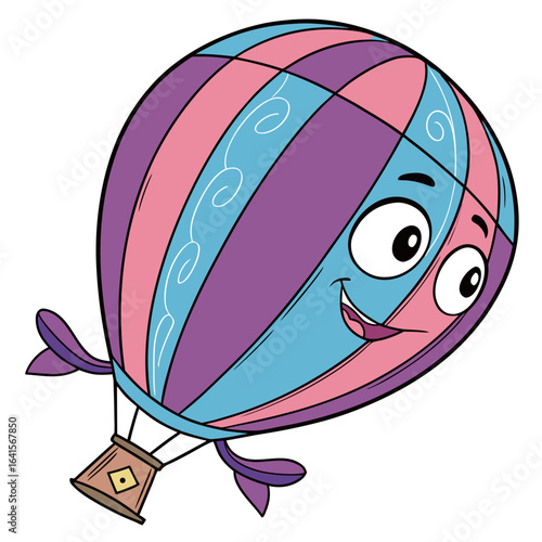 Happy cartoon hot air balloon character flying in the sky