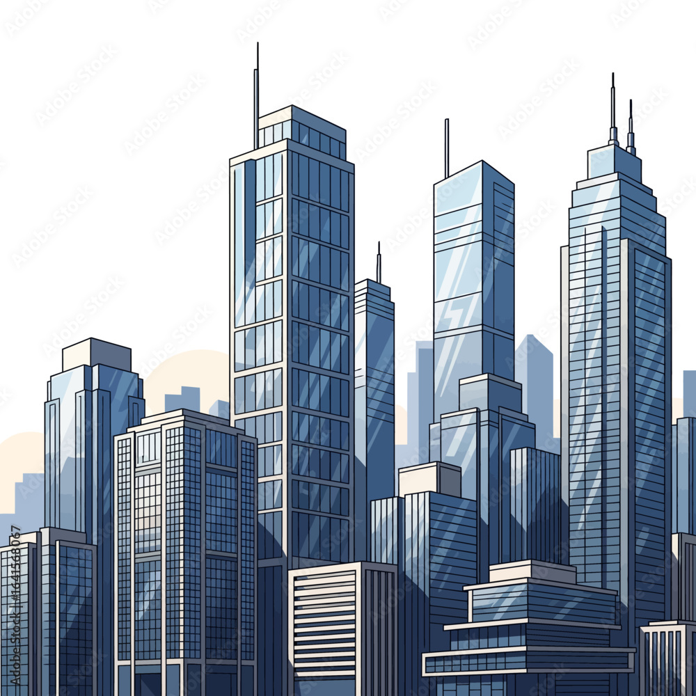 Fototapeta premium A stylized illustration of a modern city skyline with towering skyscrapers.