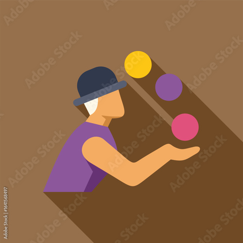 Juggler wearing bowler hat juggling colorful balls, side view flat design icon with long shadow