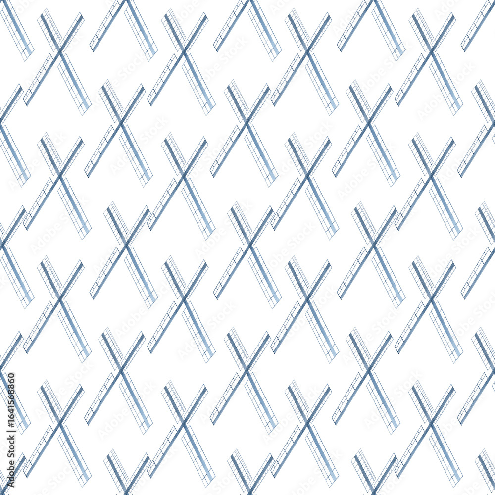 Naklejka premium Abstract windmill blades arranged in diagonal rhythm on white background.Seamless watercolor pattern. Airy, architectural design ideal for textiles, packaging, stationery, and eco-themed branding