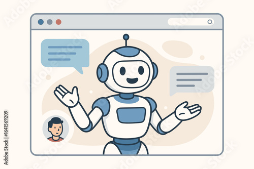 Artificial intelligence chatbot communication in web window, friendly AI robot assistant providing online customer support, digital consultation, conversational AI, virtual helper, technology concept