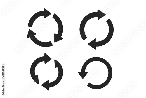Circular Arrow Icons Set. Loop, Refresh, Repeat, Synchronization, Rotation Vector Symbols. Reload Cycle, Process, Retry, Update, Circular Motion. Isolated Black Arrows on White Background.
