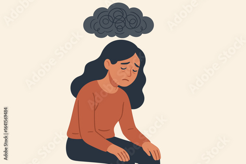 Stressed woman with dark cloud over head, metaphor for depression, anxiety, burnout, mental health struggles, emotional fatigue, psychological distress, flat vector design illustration