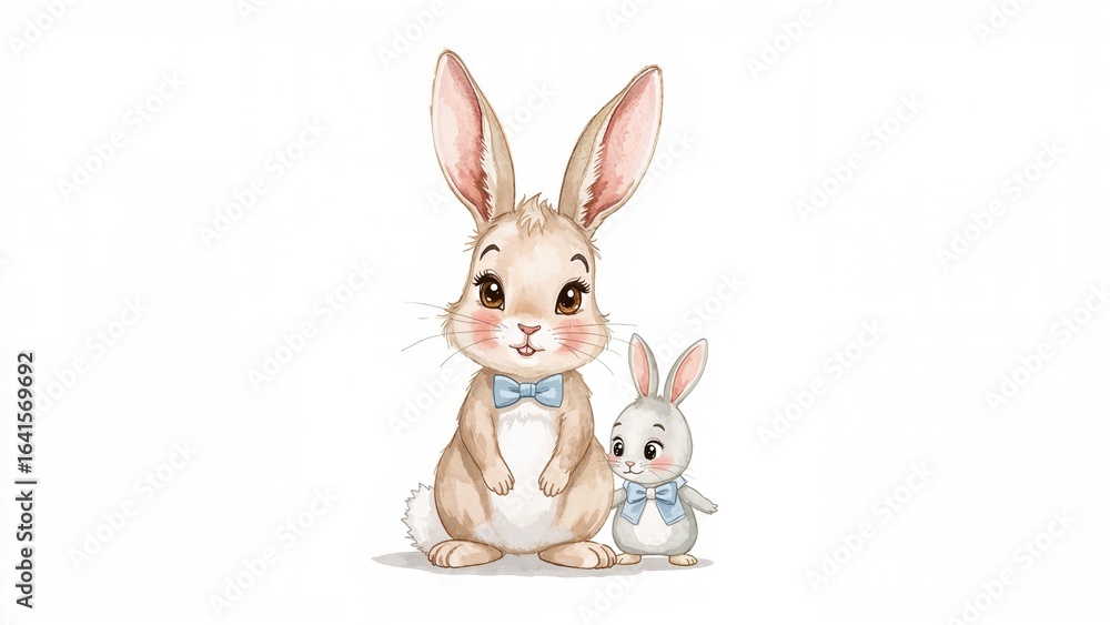 Fototapeta premium Hand-painted white rabbit image with a blank backdrop. Easter greeting card artwork.