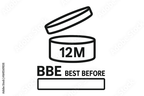 Cosmetic Packaging Expiry Period Icon. Open Jar 12M Symbol. Shelf Life After Opening. Best Before Date BBE Label. Product Duration Indicator. Cosmetic Storage Period Vector Illustration.