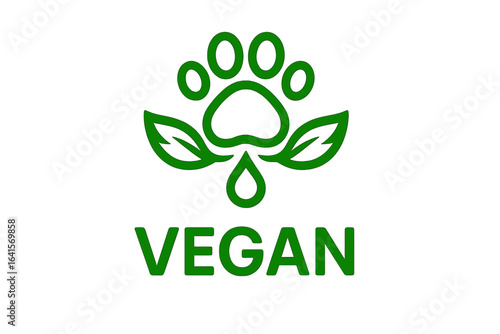 Vegan product label design. Animal paw print with drop and winged leaves vegan icon for packaging, cruelty free symbol, plant-based, natural ingredients, eco-friendly badge, vector illustration