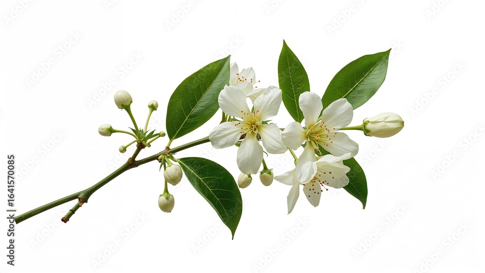 Obraz premium White blossoms, buds, and leaves on a citrus tree branch with a clean white background