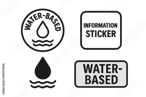 Water-based eco stamp icons for product packaging, vector label set with water drop and wavy lines, informational stickers, symbols for non-toxic, eco-friendly, sustainable, safe labels