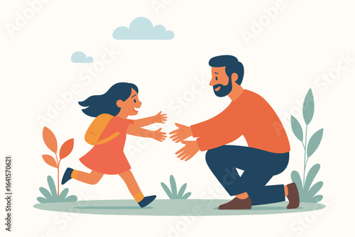 Happy child running to hug father outdoors, dad and daughter reunion, family love, emotional parent and child connection, back to school, joyful embrace, flat cartoon vector illustration