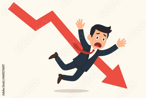 Stock market crash, economic downturn, falling arrow. Businessman in crisis, loss, failure, bankrupt, finance collapse, panic, bear market, red graph, investment risk, economic recession concept