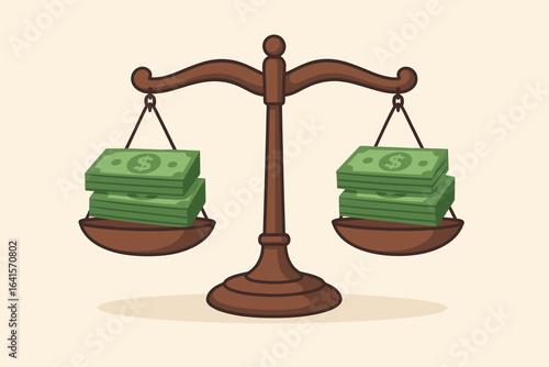 Equal pay concept. Balanced scales with stacks of cash. Income equality, fair wage, salary balance, gender pay gap, money justice, compensation parity, financial fairness vector illustration.