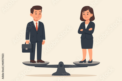 Gender equality in business workplace concept. Man and woman in professional suits balanced on scales, equal career opportunities, salary fairness, diversity, inclusion, gender parity illustration