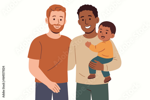 Diverse family parenting concept. Two gay fathers, interracial couple, holding child, LGBTQ parents, adoption, love, tolerance, modern family, flat design vector illustration isolated on white.