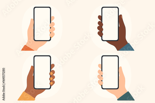 Diverse hands holding smartphones mockup set, four template illustrations of mobile phone in oval frame, blank screen, variety of skin tones, different hand positions, digital communication concept