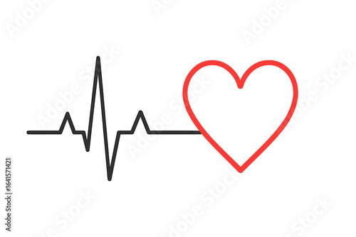 Electrocardiogram heartbeat line with red heart, black pulse trace, medical cardiology concept, heart rate monitor, vital sign, isolated vector, healthcare, emergency symbol, heart health illustration