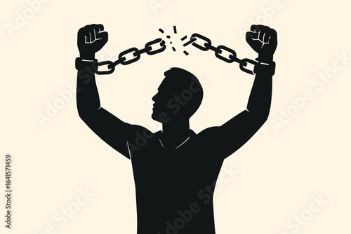Silhouette of Man Breaking Chains to Achieve Freedom and Independence. Personal Liberation, Escape, Overcoming Barriers, Resilience, Strength, Human Rights, Social Justice, Empowerment Concept