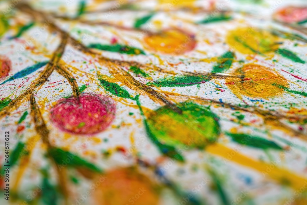 Obraz premium Colorful fruit tree artwork with vibrant pigments and intricate details on textured paper