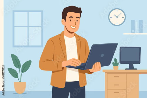 Modern young businessman standing indoors office environment holding laptop, multitasking and working efficiently, professional workplace productivity concept, casual attire male employee illustration