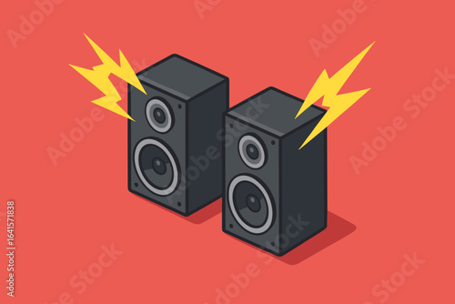 Powerful stereo speakers blasting loud music, isometric flat design with lightning bolts, audio equipment, entertainment, concert sound, vibrancy, red background, vector cartoon illustration