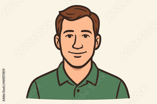 Vector illustration portrait of young caucasian man with brown hair, green collared shirt, cartoon style, neutral light background, professional male avatar, casual male character design